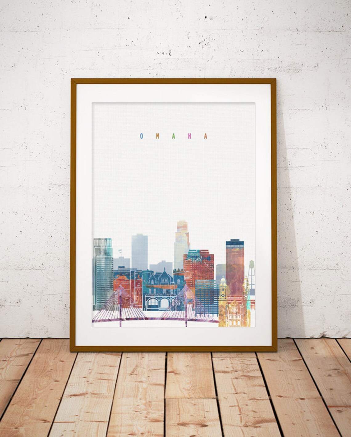 Omaha Nebraska Downtown Bridge Watercolor Skyline Poster Art