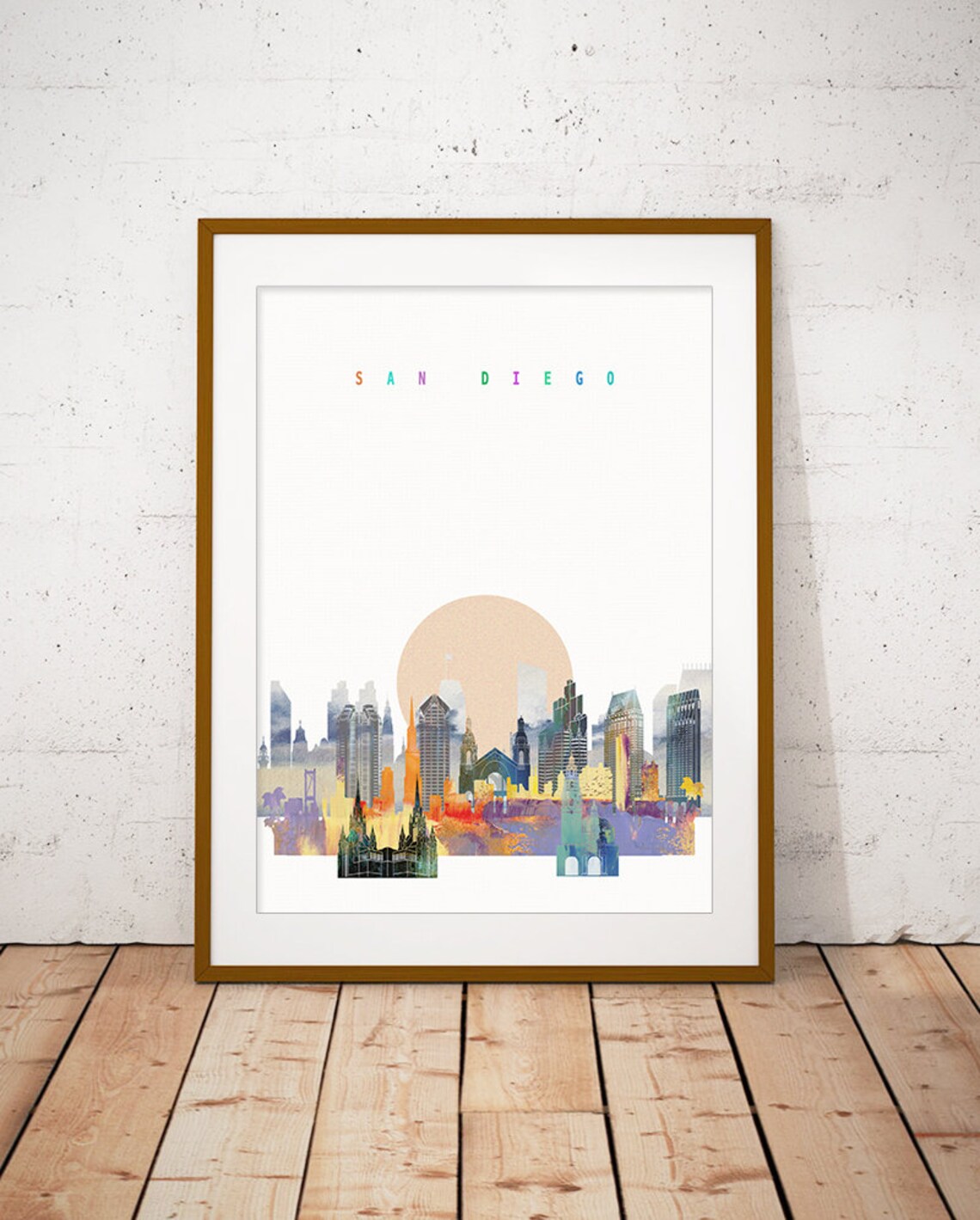 San Diego California Sun Disc Watercolor Skyline Art Modern Home Decor Poster