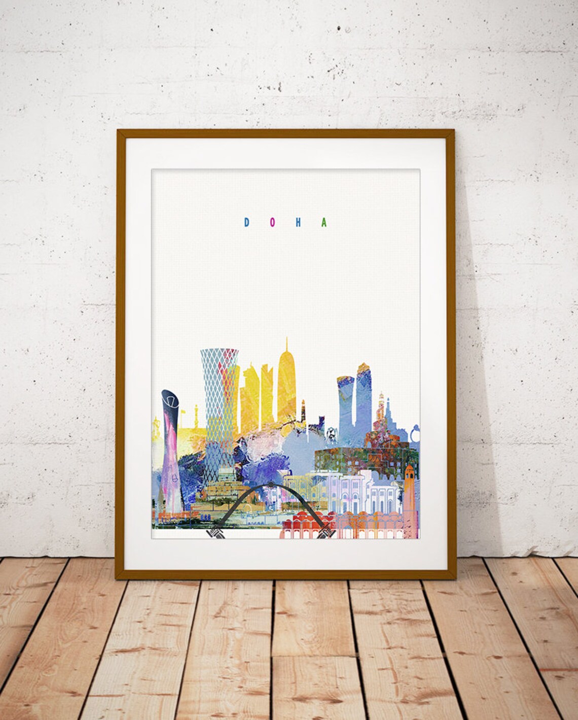 Doha Qatar Modern Watercolor City Skyline Skyscrapers Poster