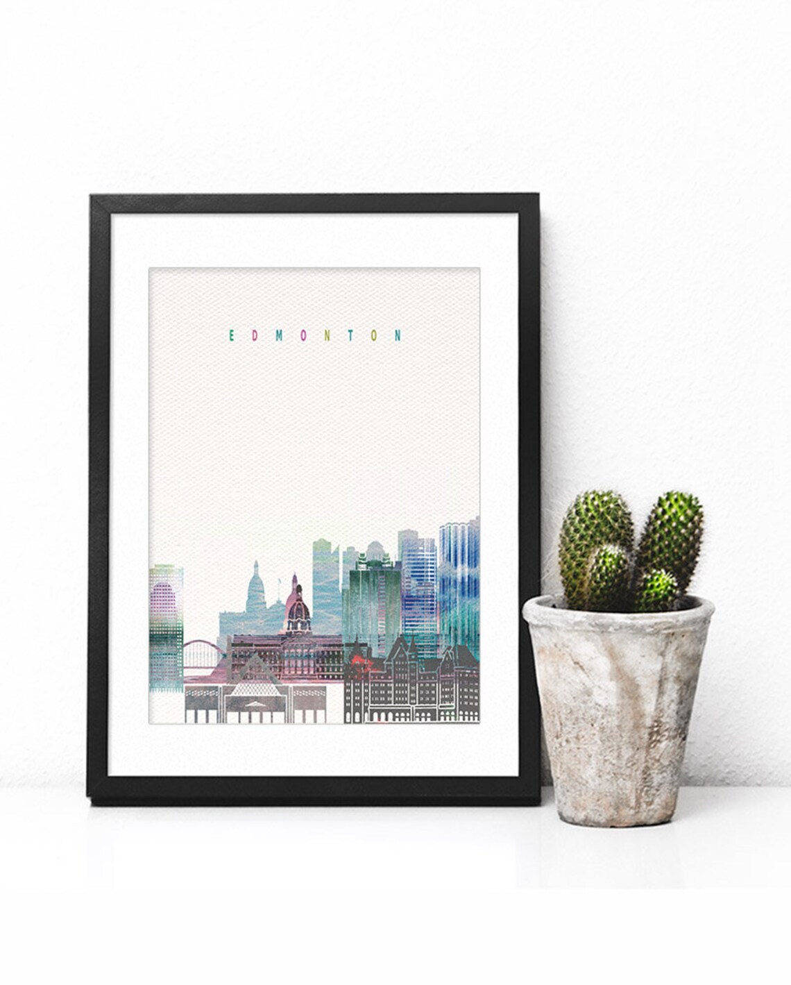 Edmonton Canada Watercolor Skyline Pastel Letter Modern Art Poster