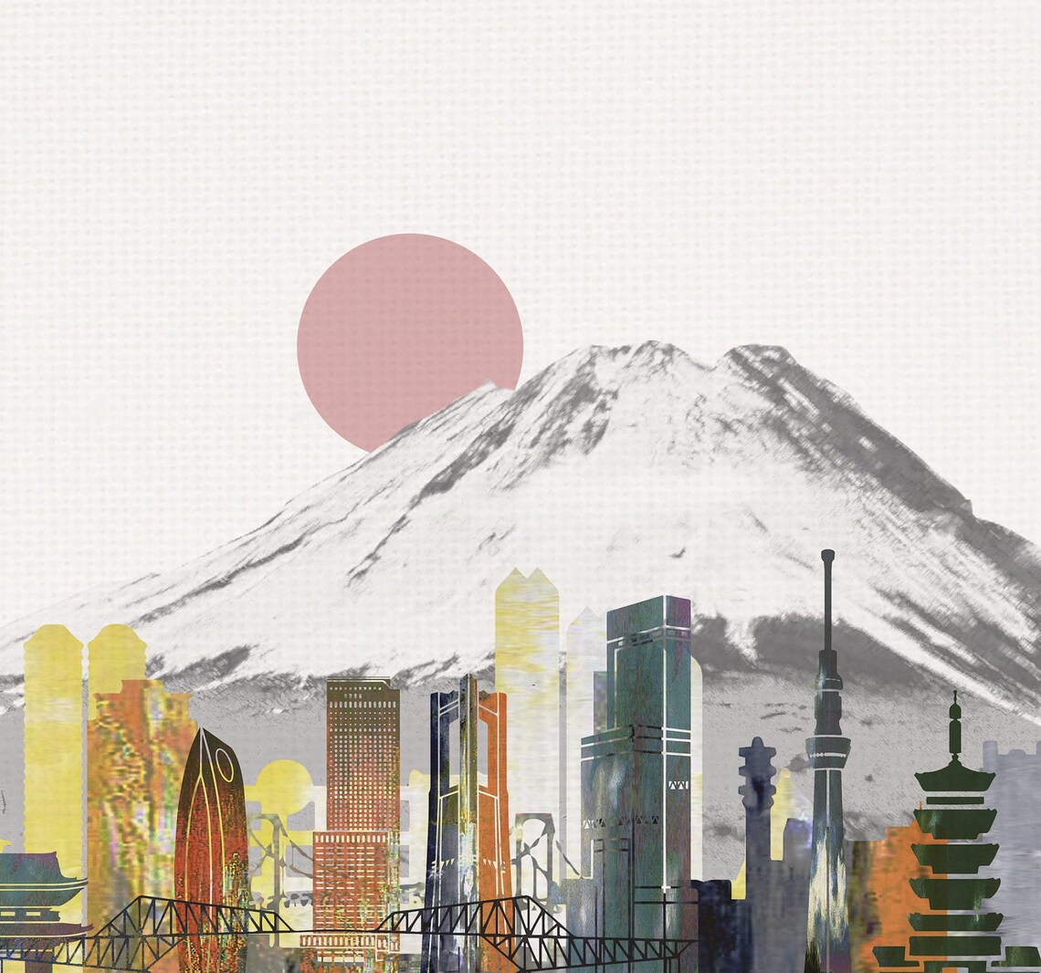 Tokyo Japan Iconic Mount Fuji Watercolor City Skyline Art Poster - Image 2