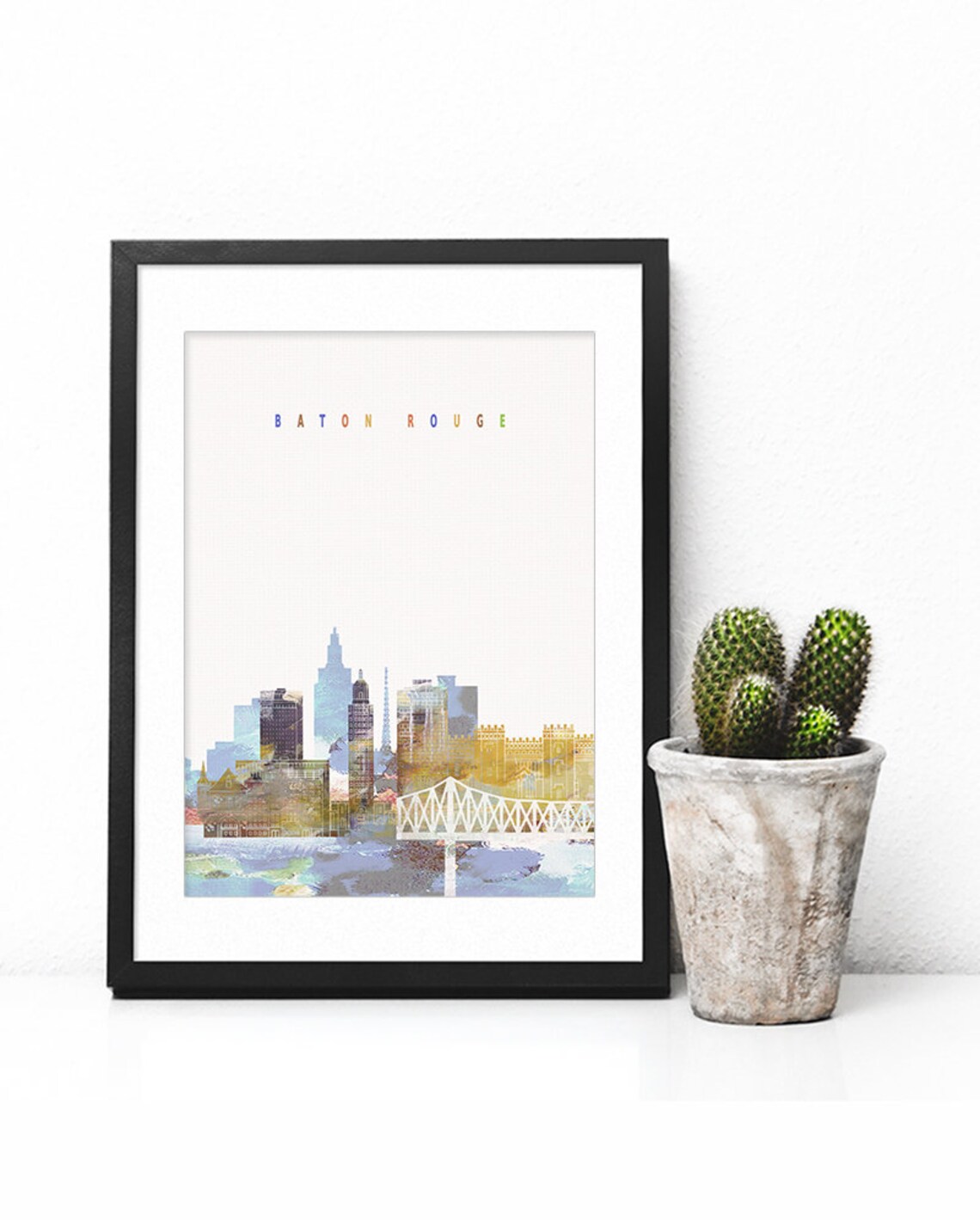 Baton Rouge Skyline Colorful Watercolor Bridge Cityscape Art Poster - Image 2