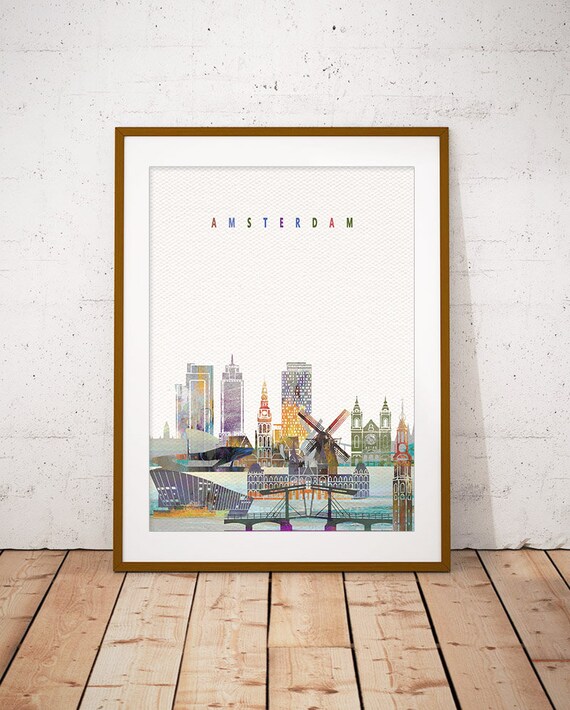 Amsterdam Netherlands Windmill Canal Watercolor Skyline Poster