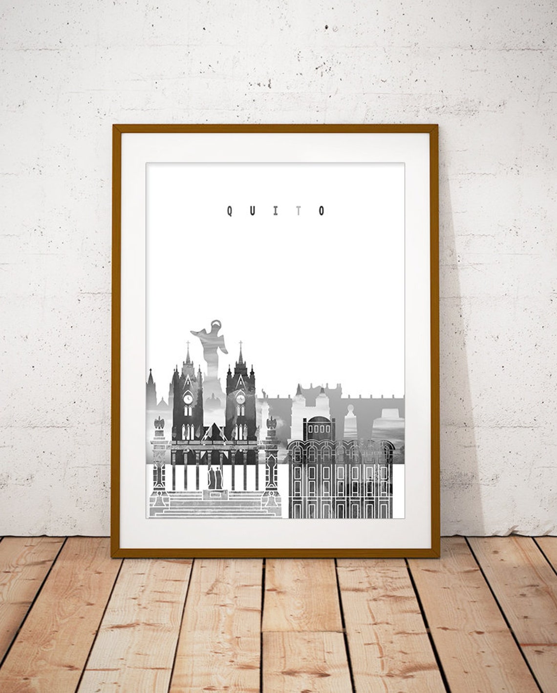 Quito Skyline Minimalist Gray Watercolor City Silhouette Art Poster