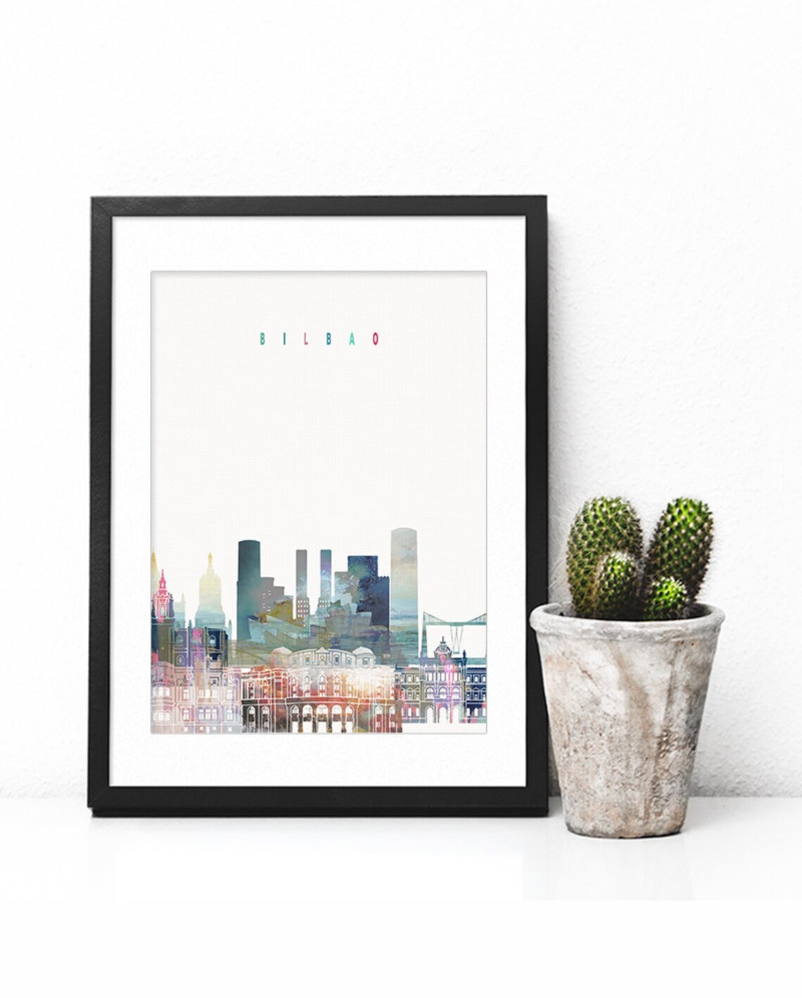 Bilbao Spain Colorful Modern Watercolor City Skyline Art Poster - Image 2