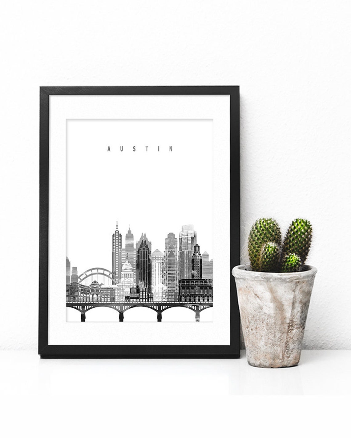 Austin Texas Black and White Minimalist Modern City Skyline Poster - Image 2