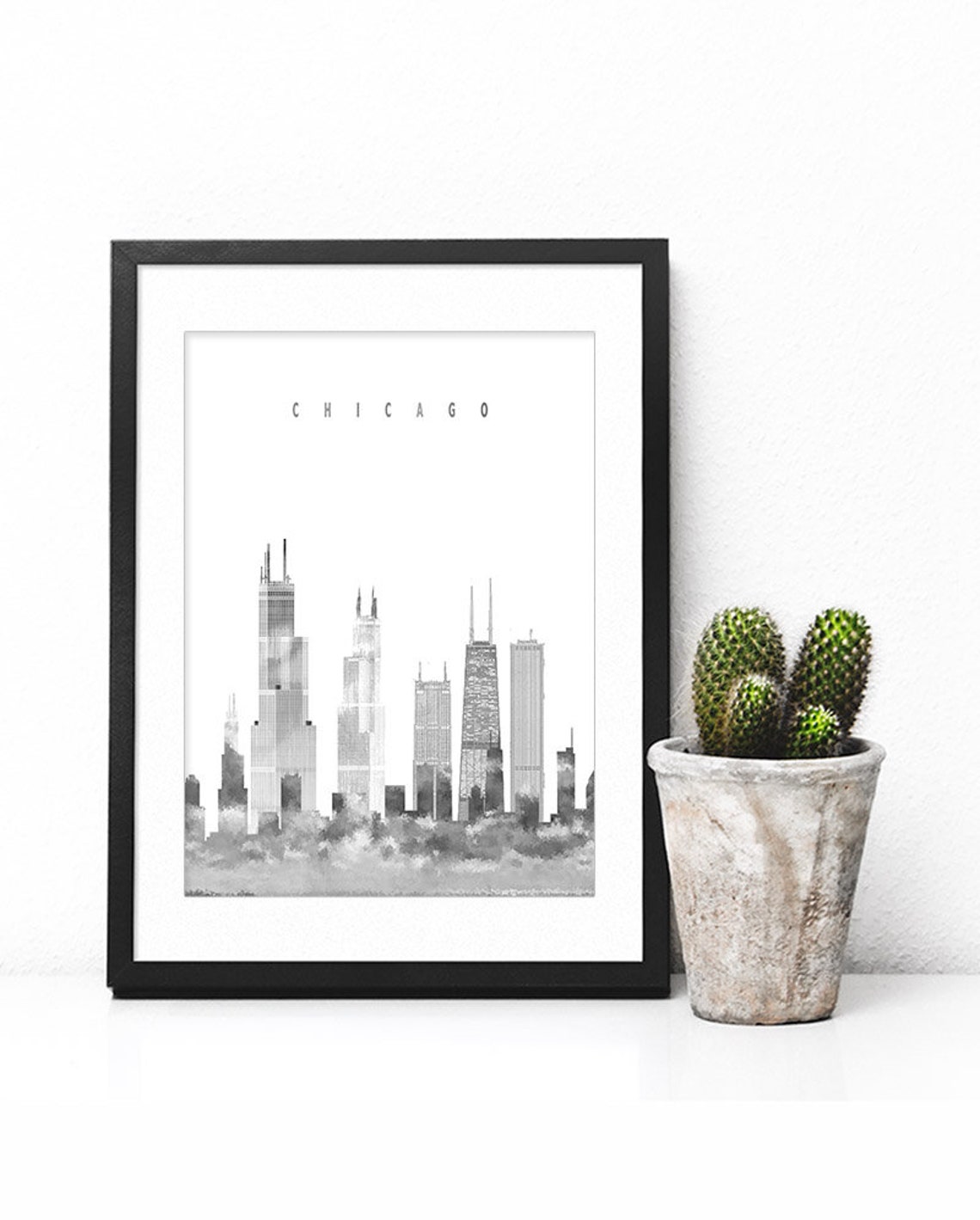 Chicago Black and White Watercolor Skyline Minimalist Modern Poster - Image 2