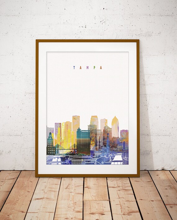 Tampa Florida Golden Watercolor Downtown Skyline Art Modern Home Decor Poster