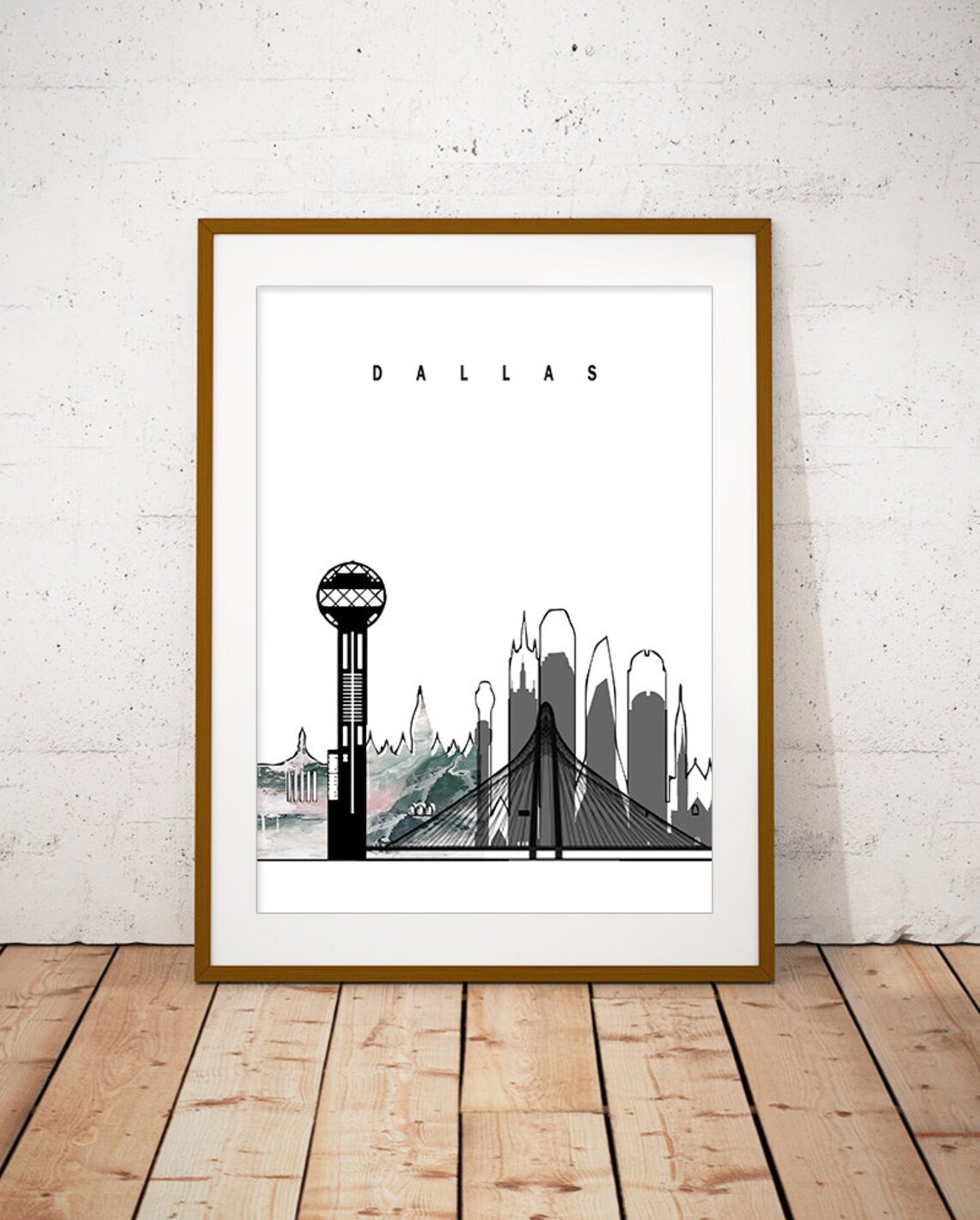 Dallas Texas Reunion Tower Grayscale Watercolor Skyline Poster
