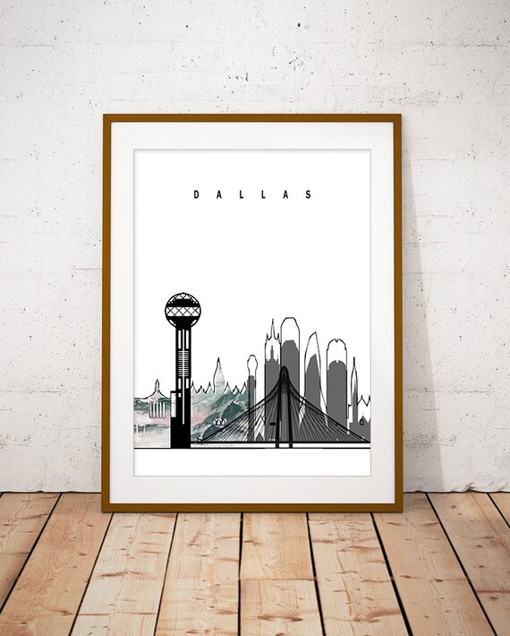 Dallas Texas Reunion Tower Grayscale Watercolor Skyline Poster