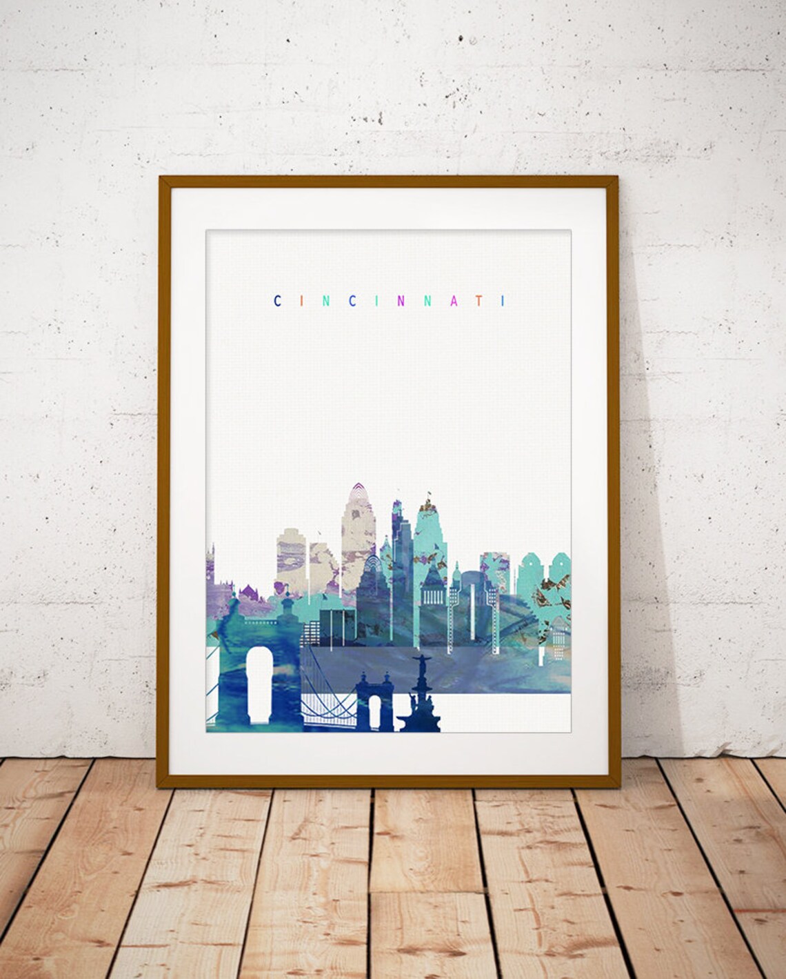 Cincinnati Watercolor Skyline Bridge Modern Home Decor Poster