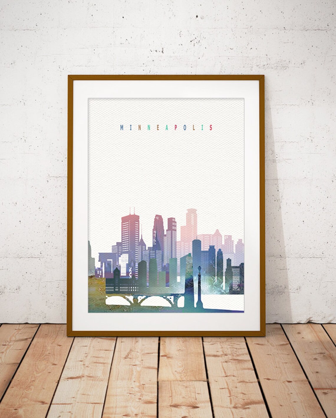 Minneapolis Minnesota Watercolor Skyline Bridge Cityscape Poster