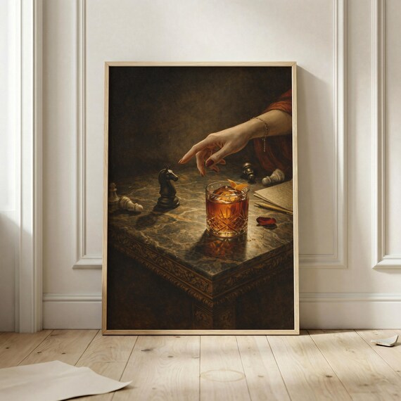 Vintage Cocktail Chess Poster, Moody Bar Decor