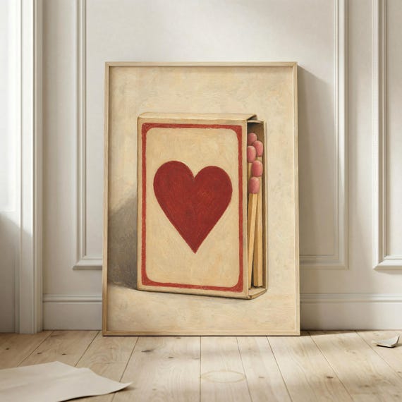 Heart Matchbox Poster Red Cream Vintage Wall Art Romantic Retro Print Valentine Gallery Decor Minimalist Love Bedroom Artwork