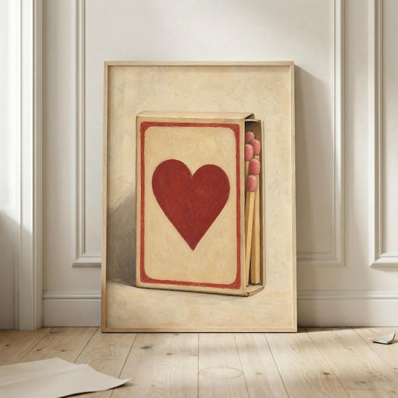Vintage Matchbox Heart Painting Retro Romantic Oil Style Wall Art