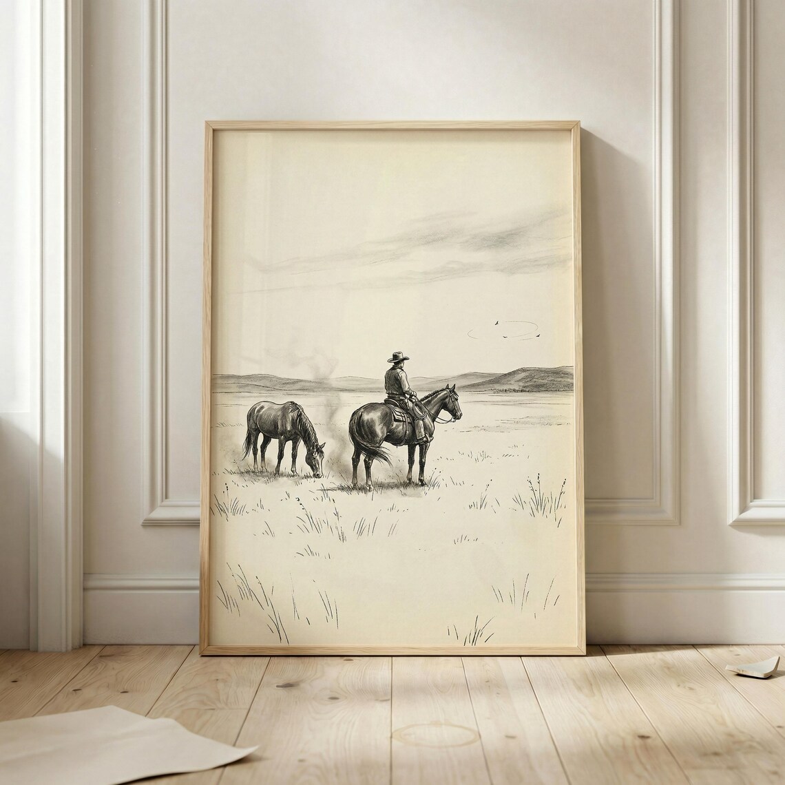 Mounted Cowboy Watching a Grazing Horse on the Open Prairie Sketch Poster
