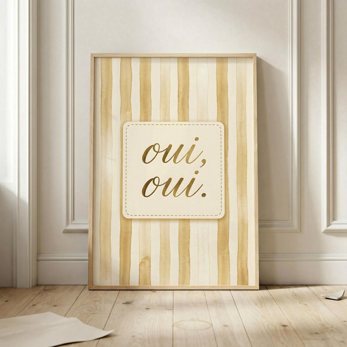 Oui Oui French Quote Gold Striped Watercolor Script Art Poster