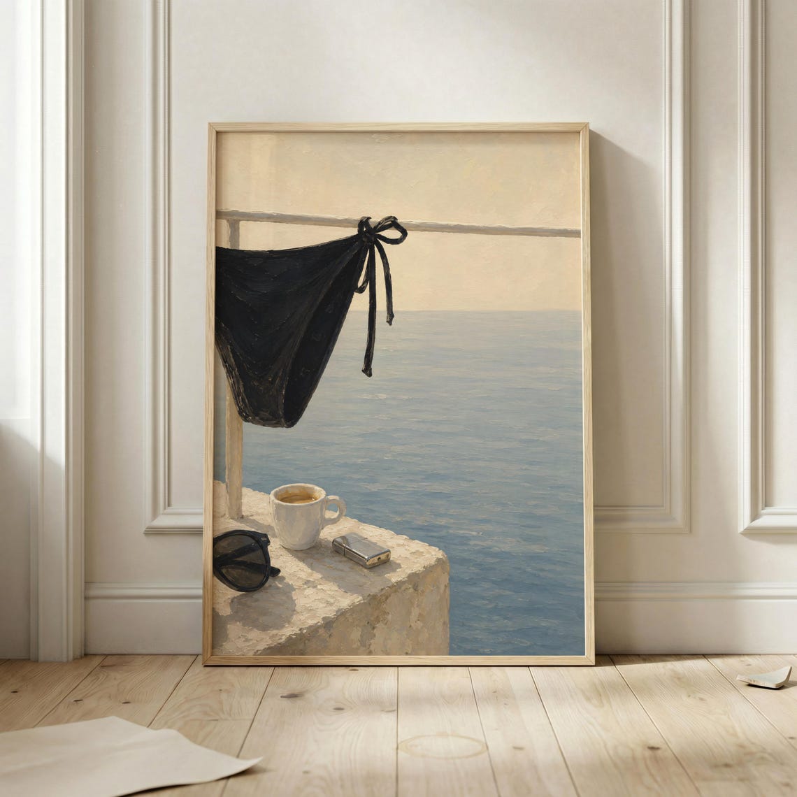Black Bikini Railing Coffee Cup Mediterranean Sea Summer Art Poster