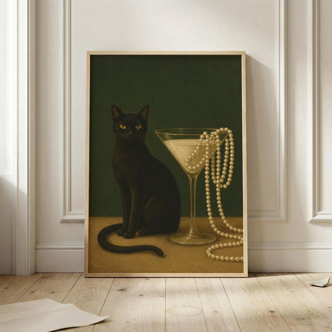 Elegant Black Cat With Martini Glass and Pearls Dark Green Poster