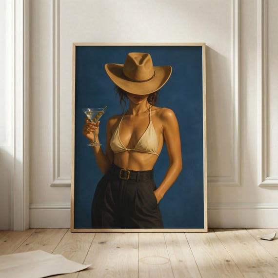 Cowgirl Martini Poster Western Glam Woman Wall Art Blue Background Print Retro Cocktail Bar And Bachelorette Gallery Decor