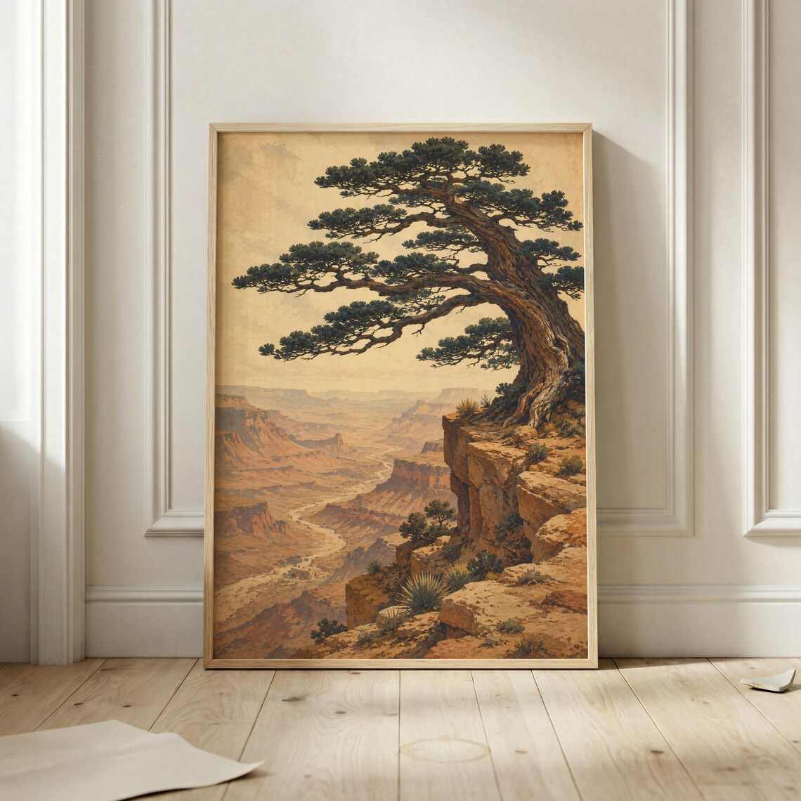 Ancient Pine Tree on a Canyon Cliff Overlooking Desert Landscape Poster