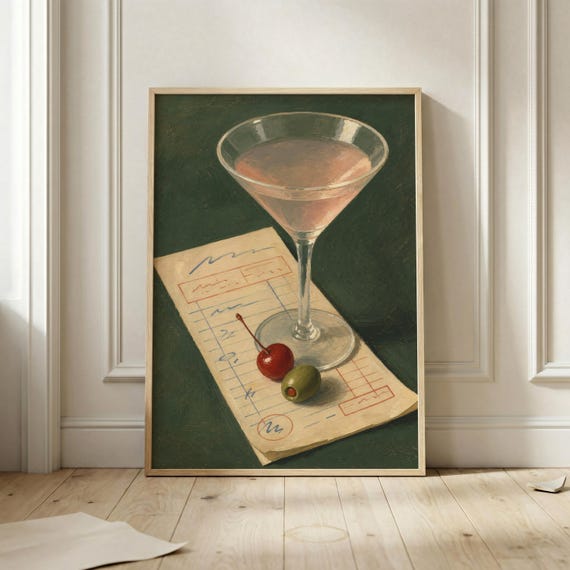 Martini Betting Slip Poster Cocktail Wall Art Vintage Casino Print Dark Green Bar Cart Decor Cherry Olive Still Life Illustration