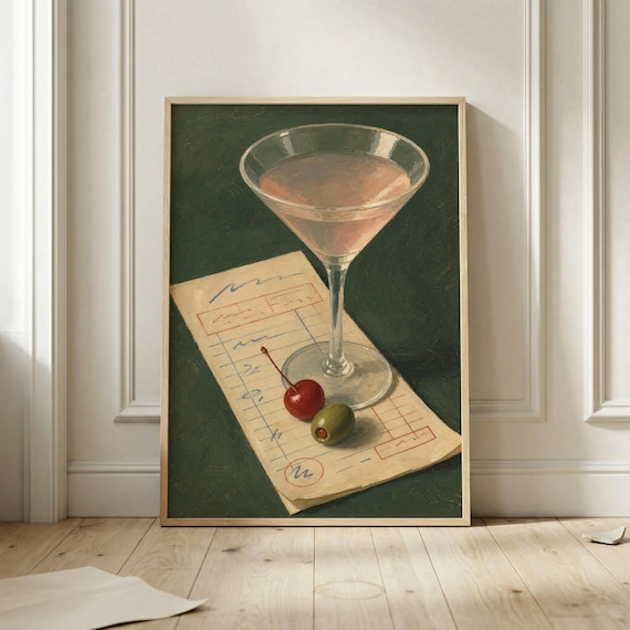 Martini Cocktail Vintage Poster Olive Cherry Casino Bar Wall Decor Art