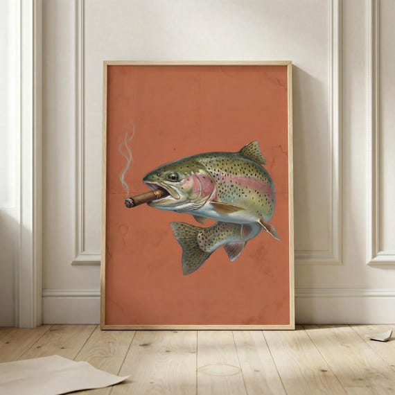 Smoking Rainbow Trout Cigar on Terracotta Fishing Cabin Poster