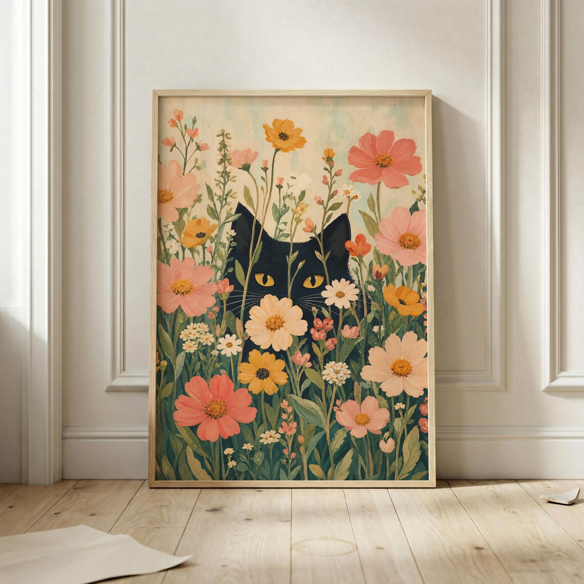 Black Cat Peeking Through Wildflowers Cottagecore Floral Wall Art
