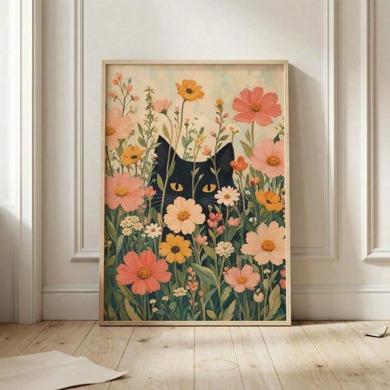 Black Cat Wildflower Poster Floral Wall Art Cottagecore Print Botanical Garden Decor Colorful Feline Artwork Lover Gift