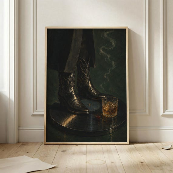 Cowboy Boots Whiskey Poster Western Bar Wall Art Print Vinyl Record Decor Moody Country Music