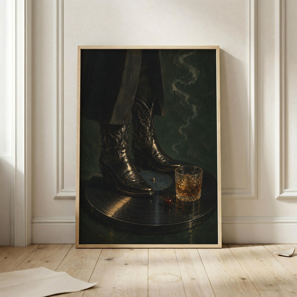 Cowboy Boots On Vinyl Record Whiskey Glass Dark Western Bar Moody Poster