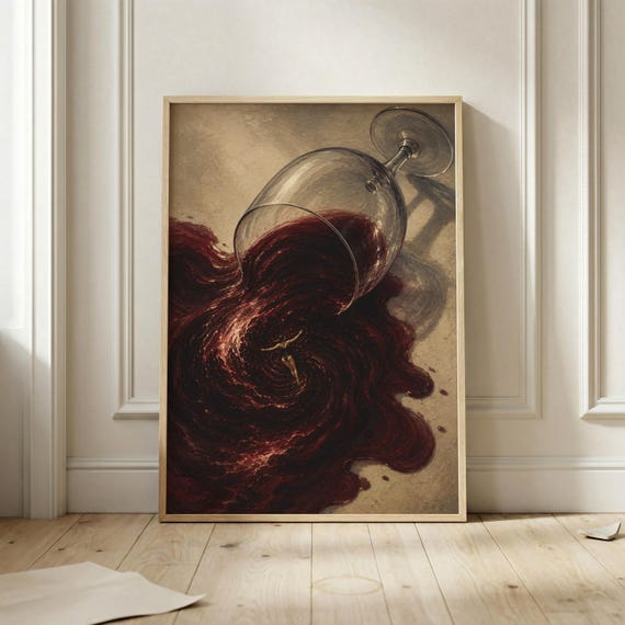Surreal Spilled Wine Poster Red Wall Art Print Dramatic Martini Bar Decor Moody Kitchen Artwork