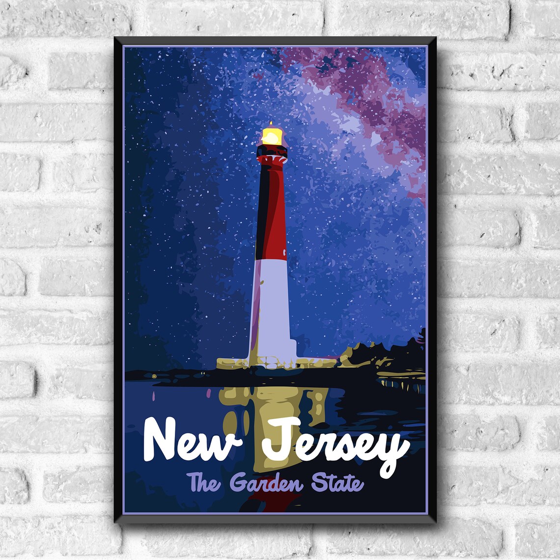 New Jersey The Garden State Vintage Lighthouse Night Art Print - Image 3