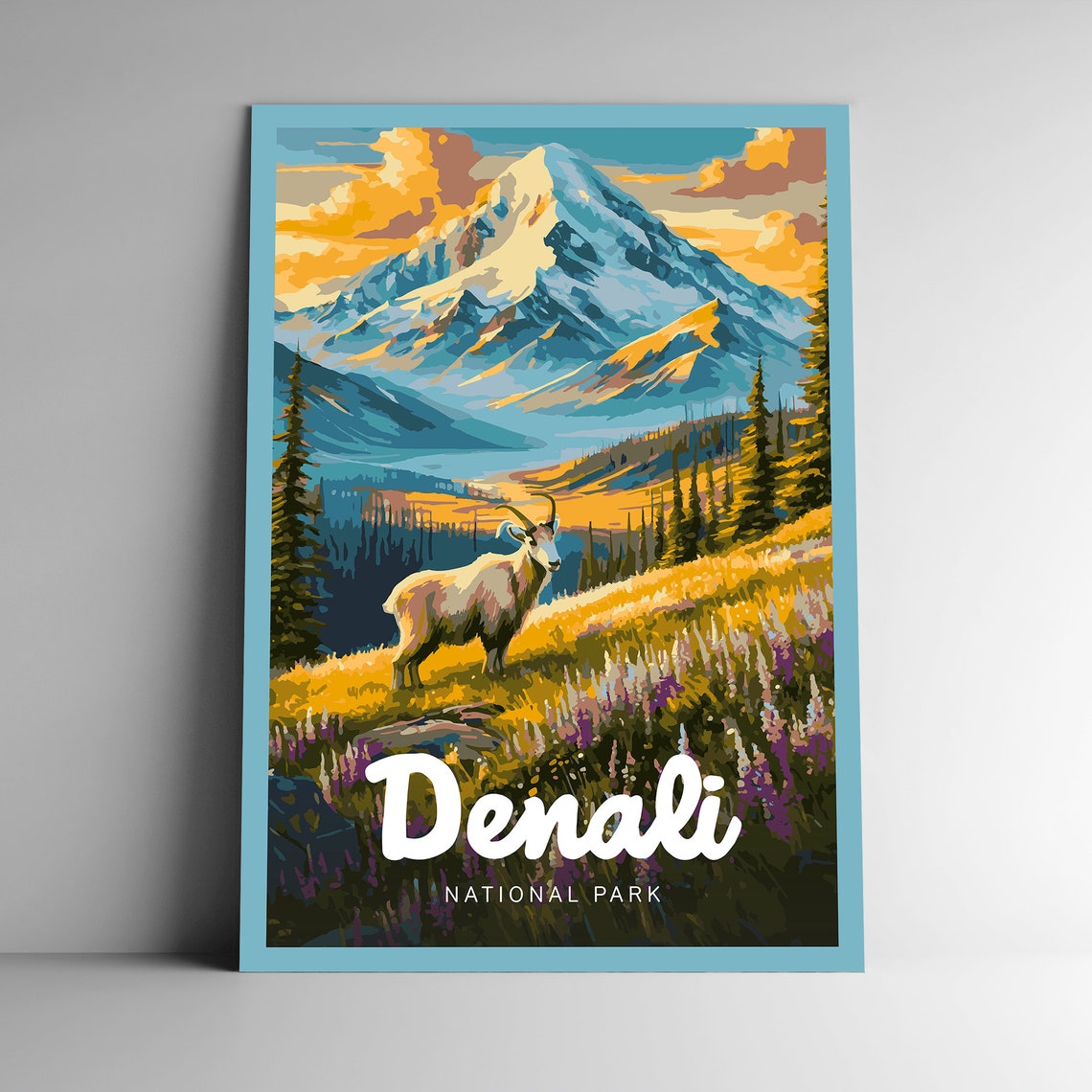 Denali National Park Vintage Mountain Peak Mountain Goat Poster