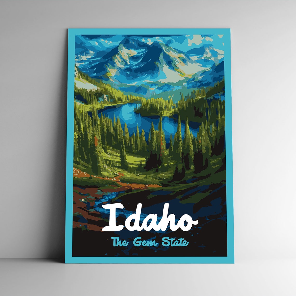 Idaho The Gem State Alpine Mountain Lake Evergreens Vintage Poster