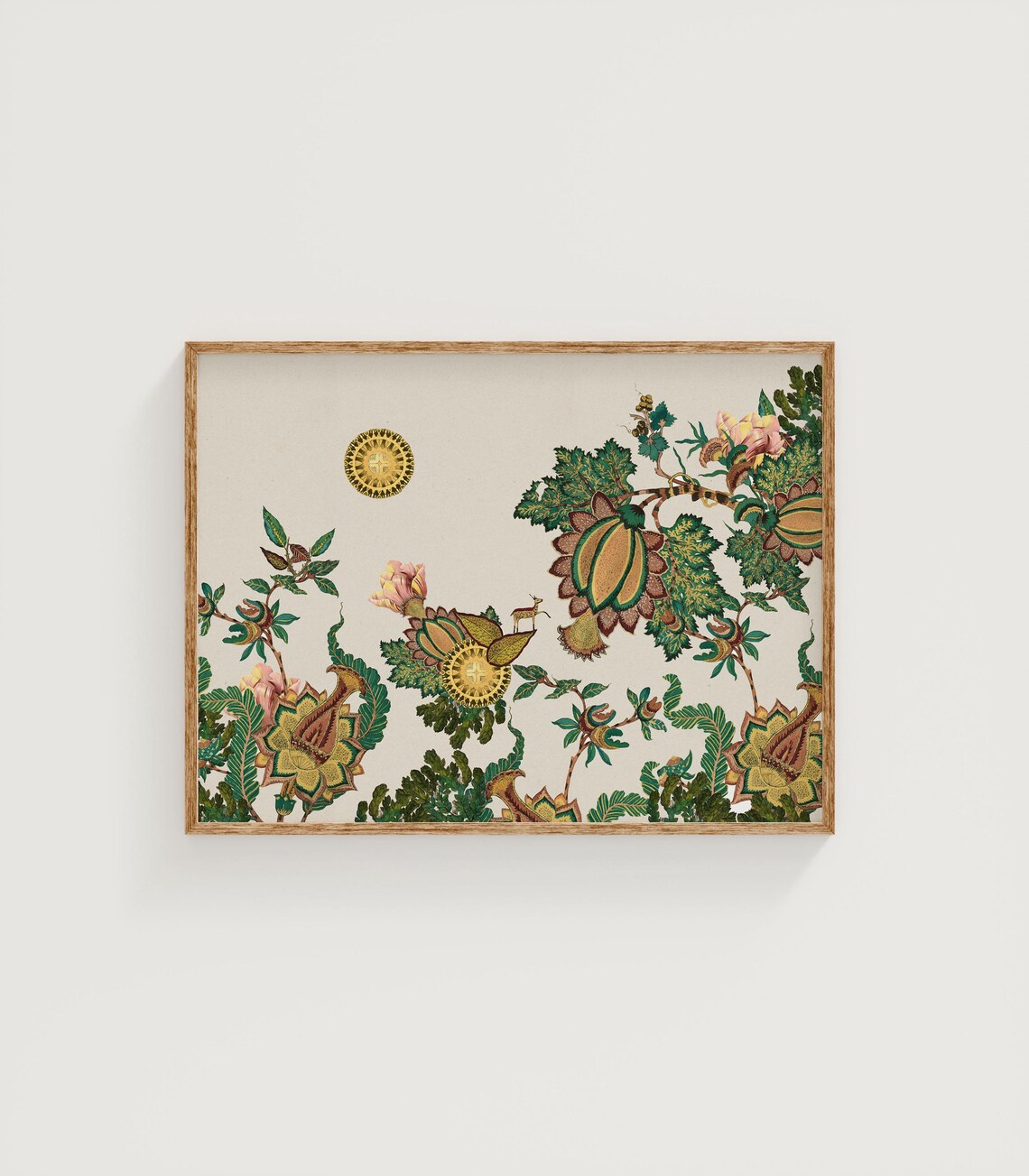 Indian Floral Collage Whimsical Deer Garden Scene
