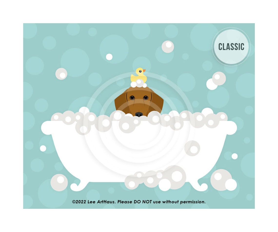 Red Dachshund In Bubble Bath With Rubber Duck Funny Dog Art Poster