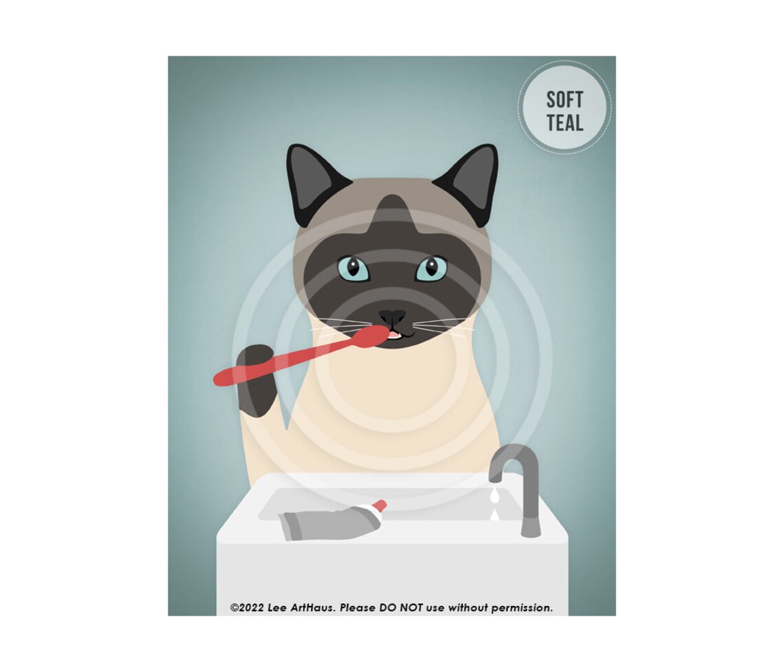 Siamese Cat Brushing Teeth Blue Eyes Cartoon Style Funny Bathroom Wall Poster