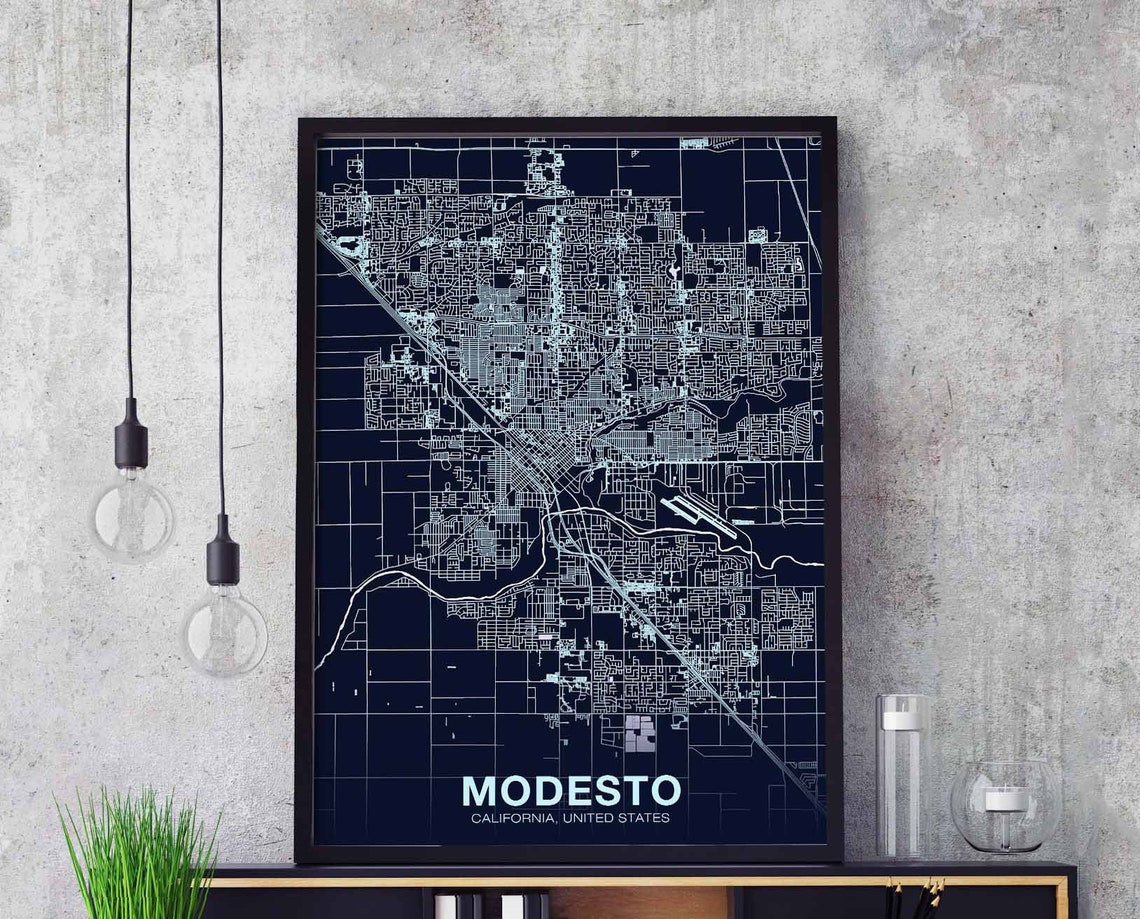 Modesto California Street Map Poster Dark Navy Modern Minimalist Decor