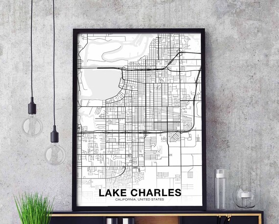 Lake Charles Ca Usa Map Poster Black White Hometown City Print Modern Home Decor Office Decoration Wall Art Dorm Bedroom Gift