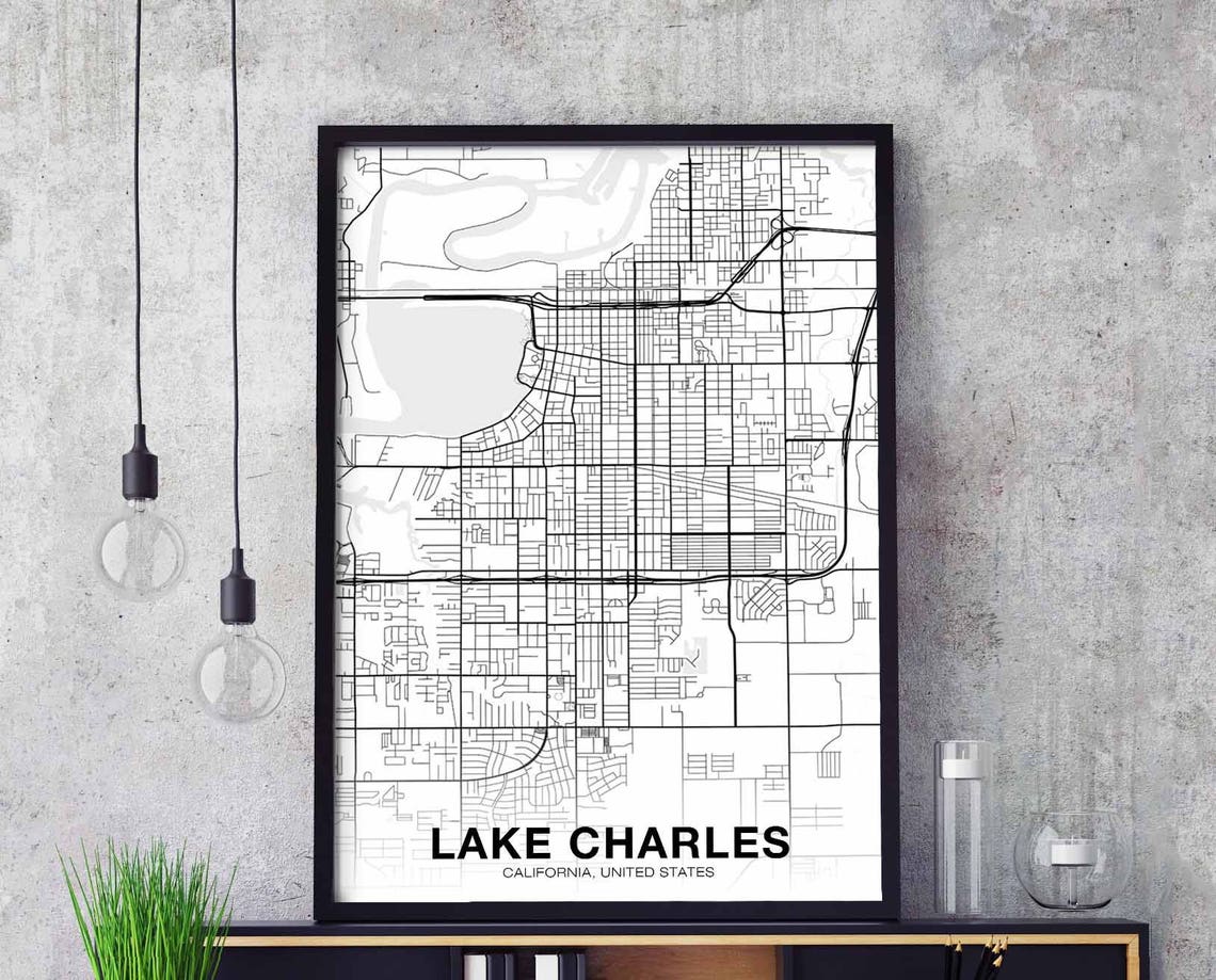 Lake Charles California Black White Street Map Poster Minimalist Decor