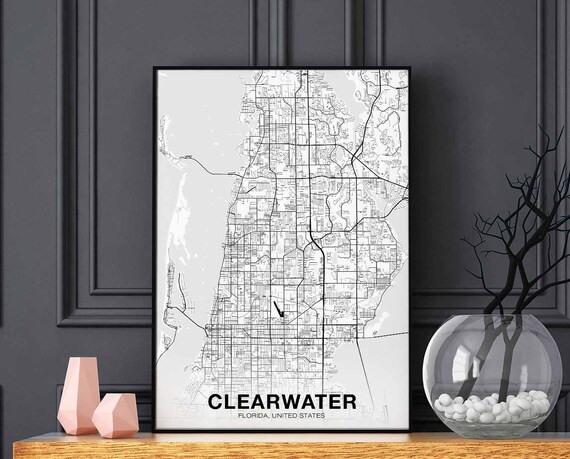 Clearwater Florida Fl Usa Map Poster Black White Hometown City Print Modern Home Decor Office Decoration Wall Art Dorm Bedroom Gift