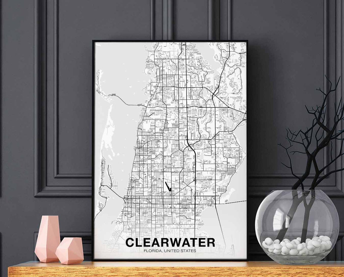 Clearwater Florida Black White Minimalist City Street Map Poster