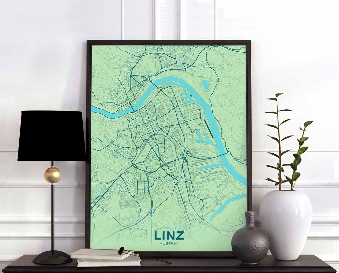 Linz Austria Mint Green Danube River Modern City Street Map Poster