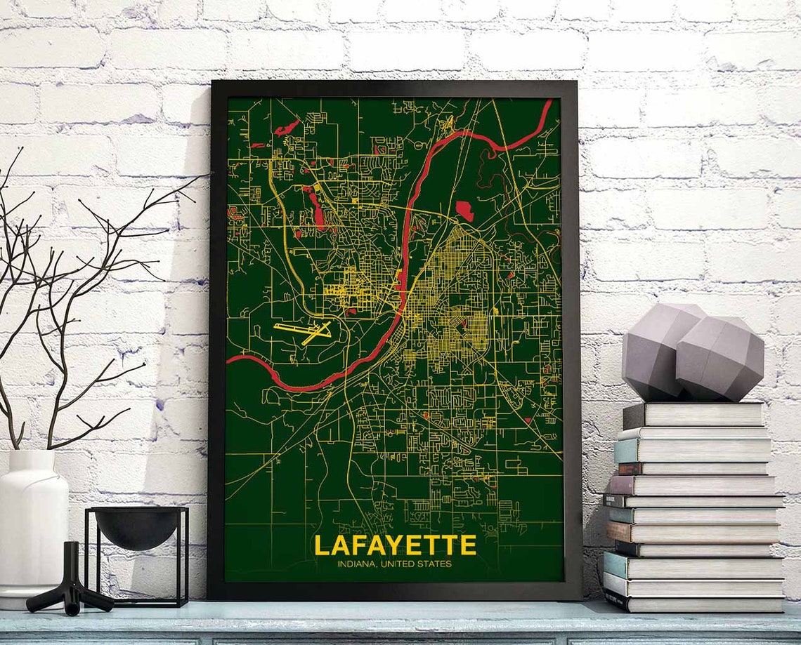 Lafayette Indiana Street Map Poster Green Yellow Modern Hometown Decor