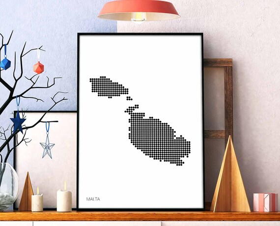 Malta Minimal Dots Retro Map Poster Black White Wall Decor Design Modern Swiss Scandinavian Nordic Housewarming Travel