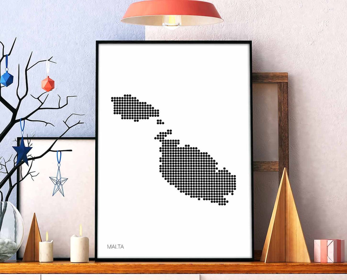 Malta Islands Dotted Map Black White Minimalist Mediterranean Map Poster