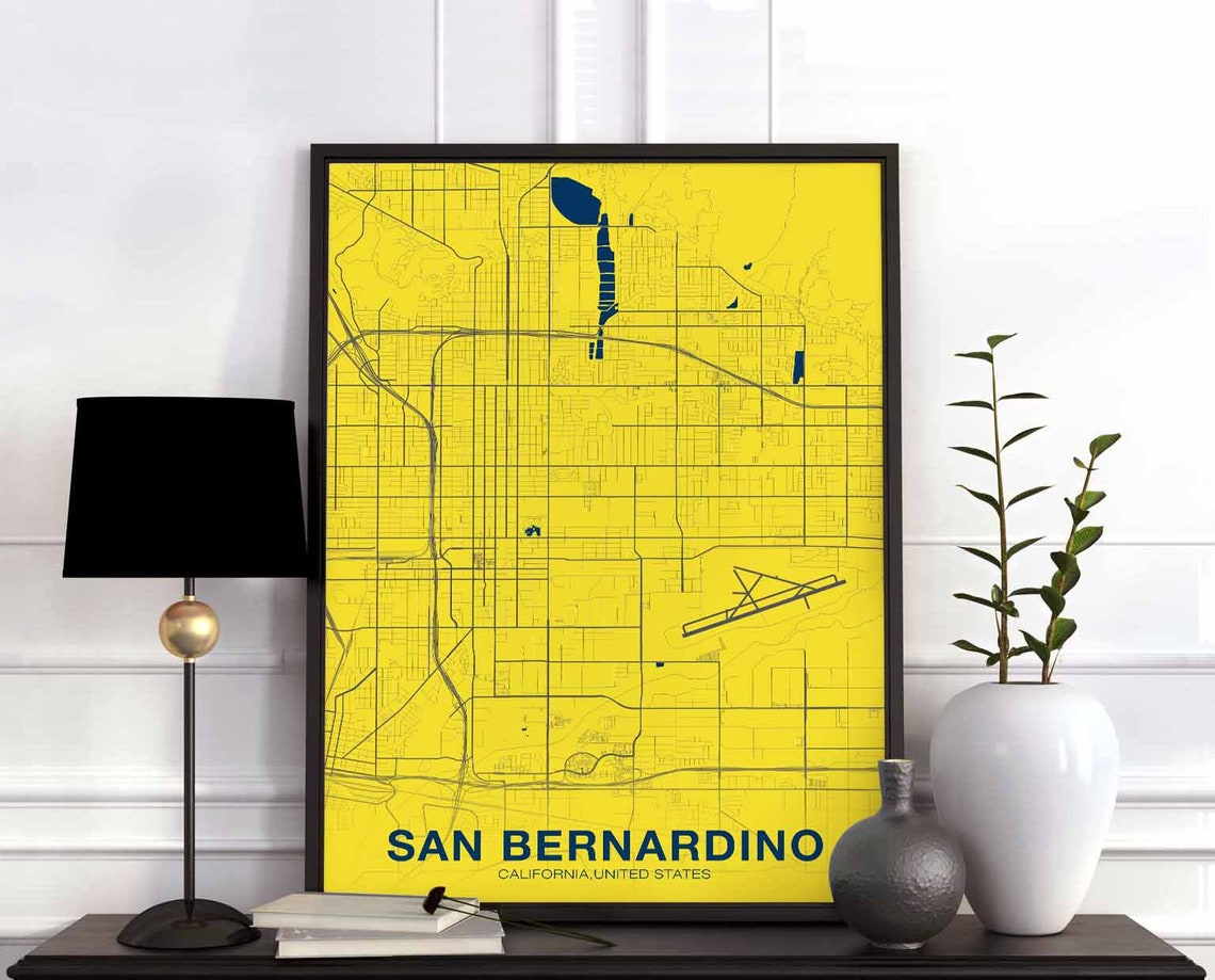 San Bernardino California Map Yellow Bold Street Plan Poster