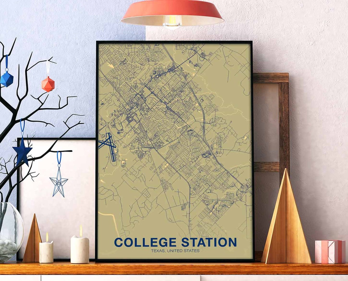 College Station Texas Street Map Navy On Gold Modern Art Poster